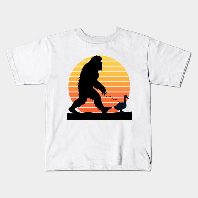 Bigfoot walking a duck on a leash Kids T-Shirt by FlippinTurtles